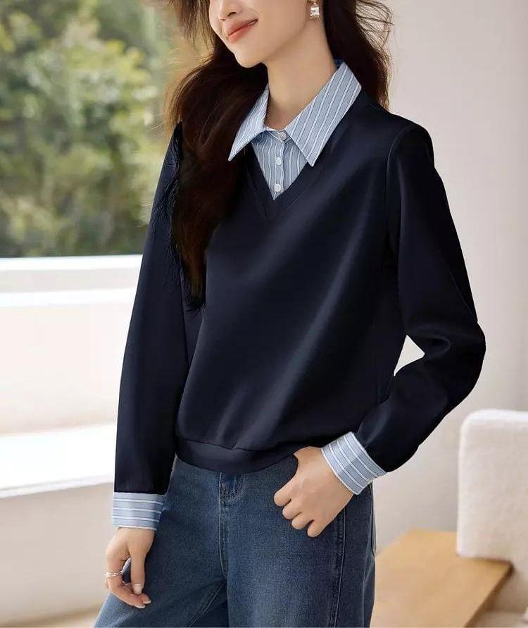 Mock Two-Piece Striped Panel Sweatshirt Product Image