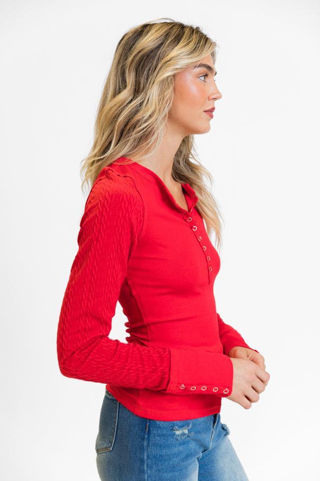 All The Better Red Cable Knit Sleeve Knit Henley Top FINAL SALE Product Image