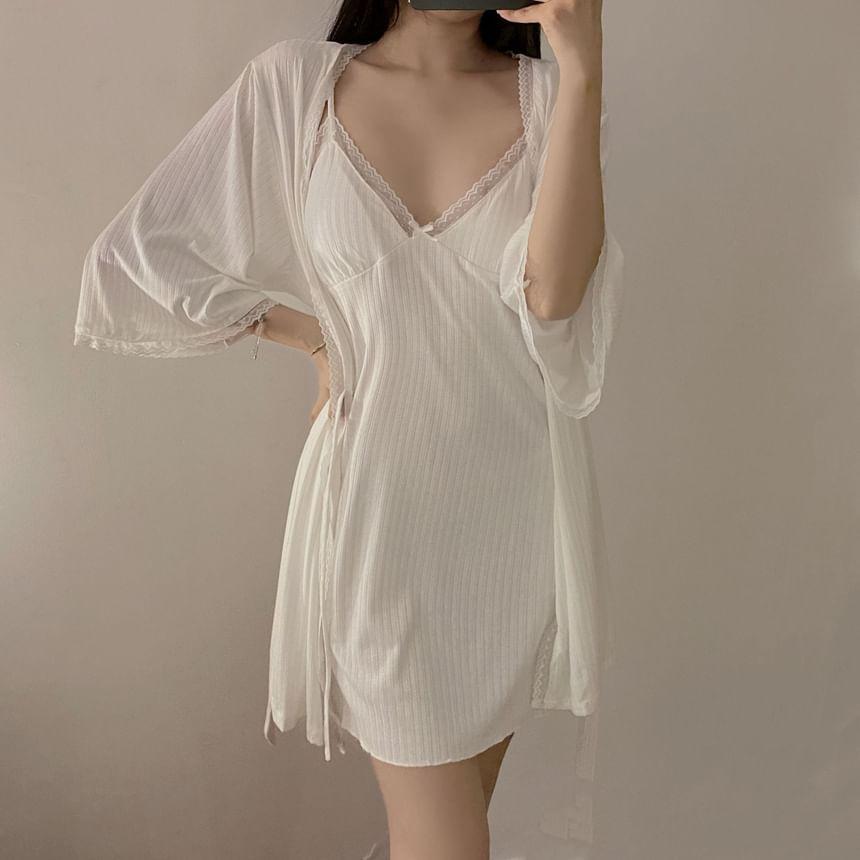 Pajama Set: Plain Camisole + Spaghetti Strap Nightdress + Elastic Waist Shorts + Tie Front Robe Product Image