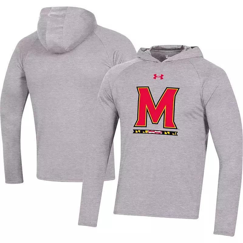 Mens Under Armour Heather Gray Maryland Terrapins School Logo Raglan Long Sleeve Hoodie Performance T-Shirt Product Image