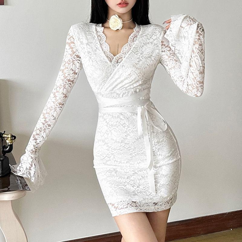 Long-Sleeve V-Neck Lace Mini Bodycon Dress Product Image