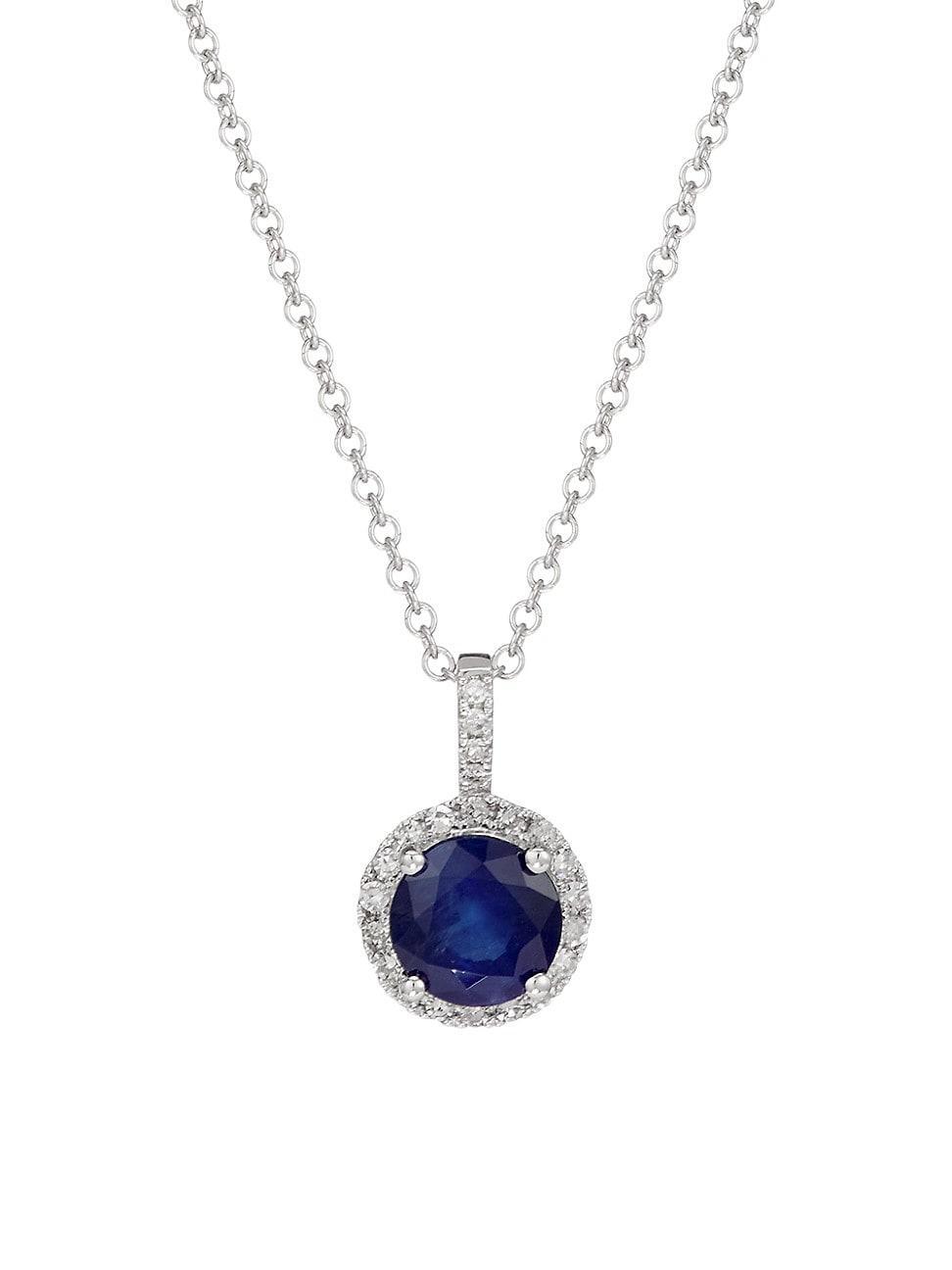 Womens 14K White Gold, Sapphire, & Diamond Pendant Necklace Product Image