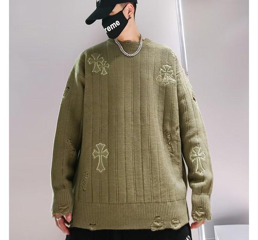 Long-Sleeve Crew Neck Crisscross Applique Distressed Sweater Product Image