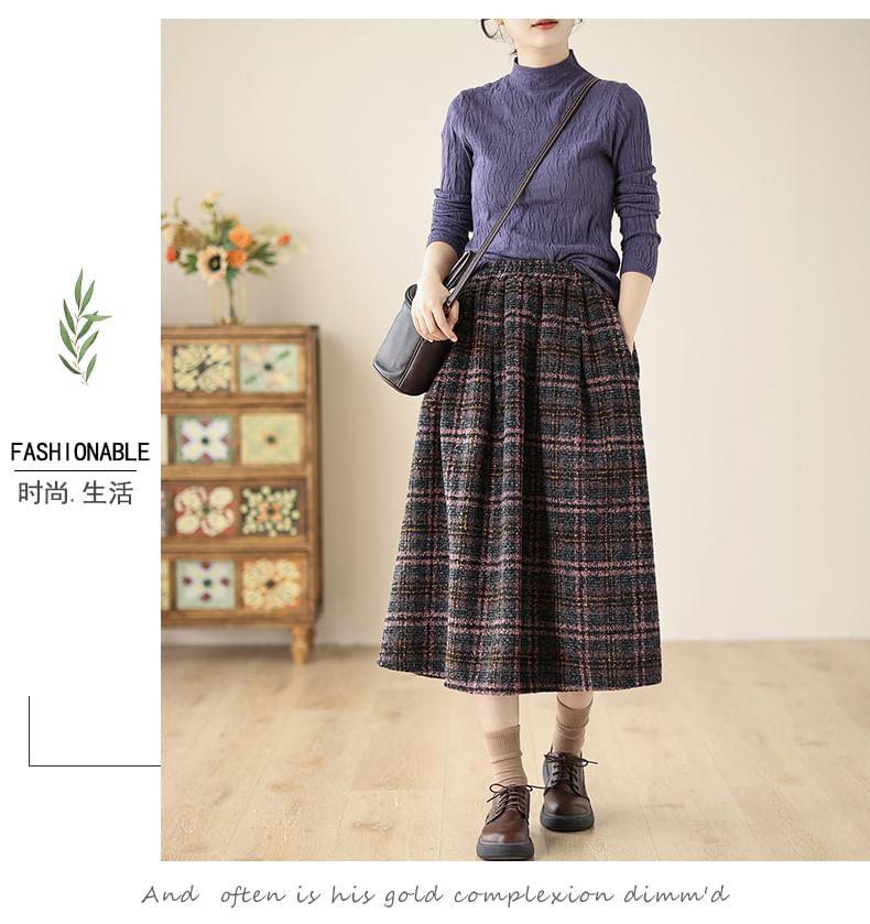 High Waist Plaid Midi A-Line Skirt Product Image