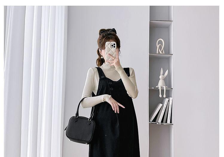 Maternity Mock Neck Plain Ribbed Sweater / Midi Dungaree Dress / Set Product Image