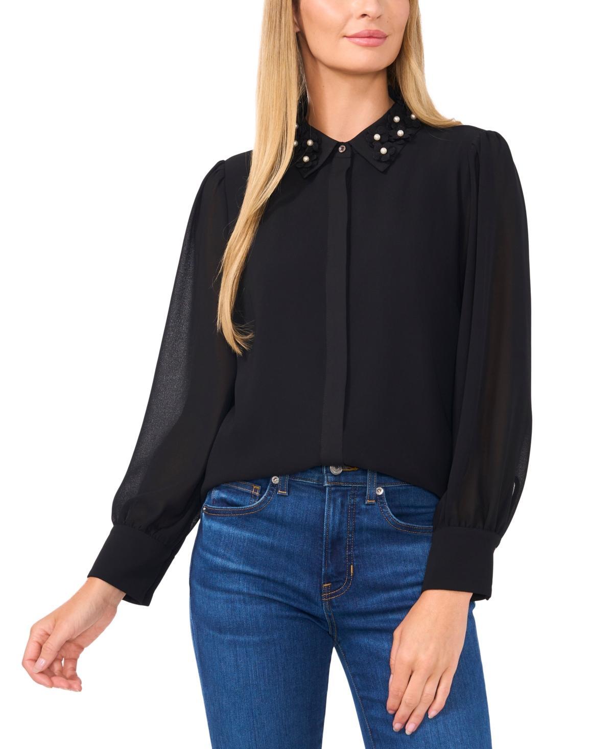 CeCe Womens Floral-Applique Collared Long-Sleeve Blouse Product Image