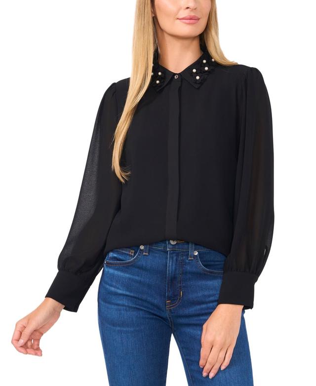 CeCe Womens Floral-Applique Collared Long-Sleeve Blouse Product Image