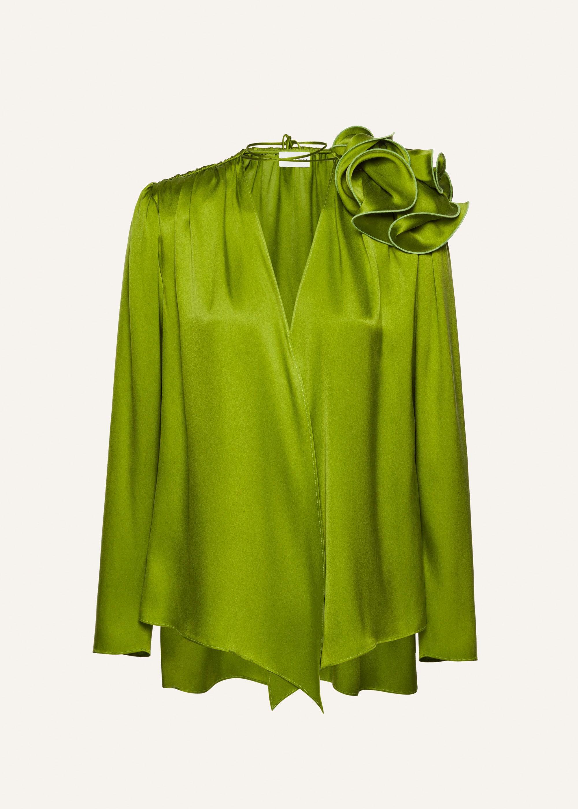 Classic silk flower blouse in green Product Image