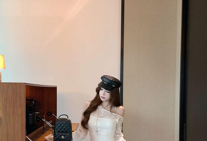 Long-Sleeve Off-Shoulder Lace Mini A-Line Dress Product Image