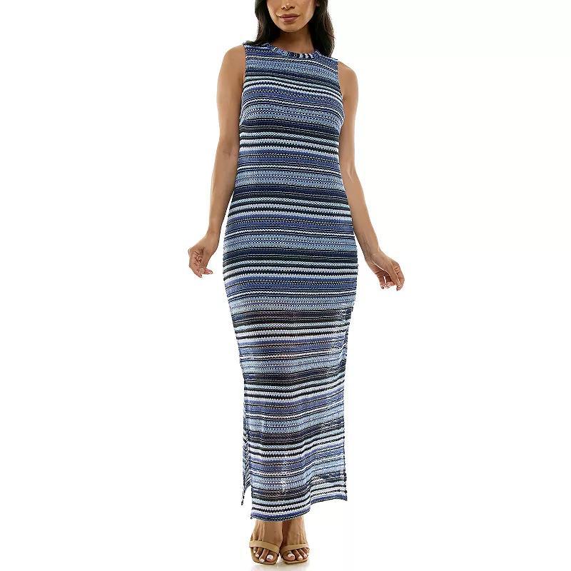 Womens Nina Leonard Crochet Striped Halter Maxi Dress Blue Team Product Image