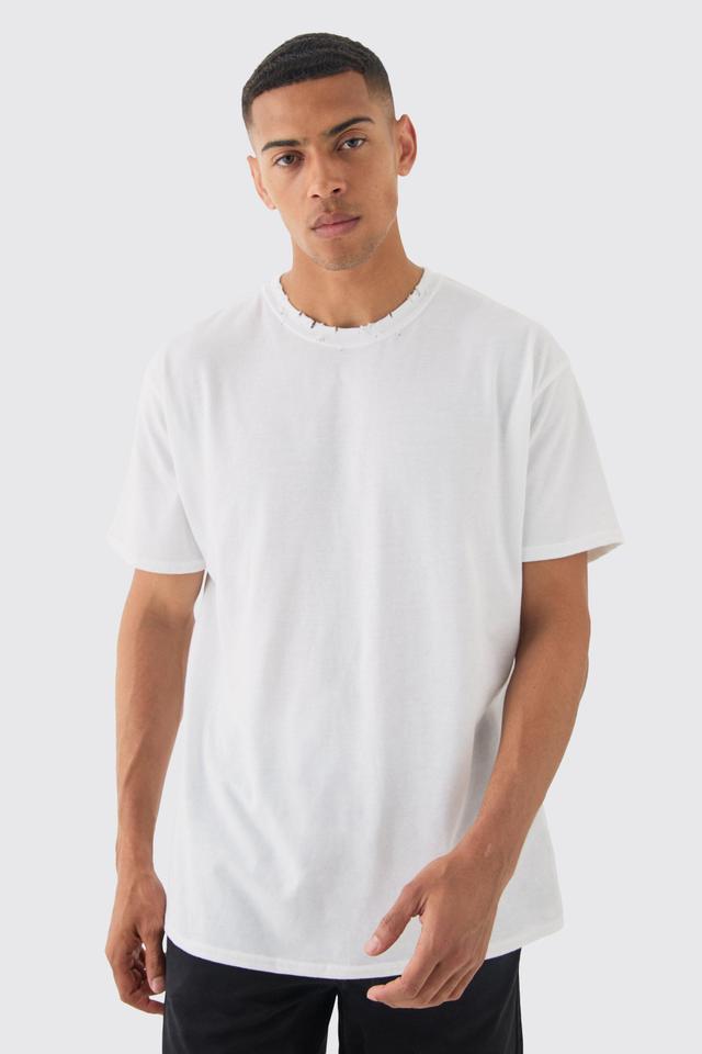 Mens White Oversized Distressed T-shirt, White Product Image