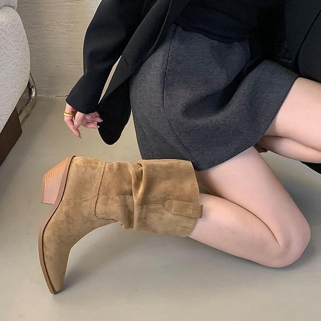 Chunky Heel Pointed Toe Plain Faux Suede Mid-Calf Boots Product Image