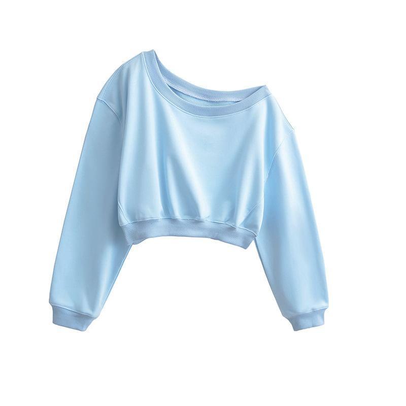 One-Shoulder Long-Sleeve Plain Crop Pullover Product Image