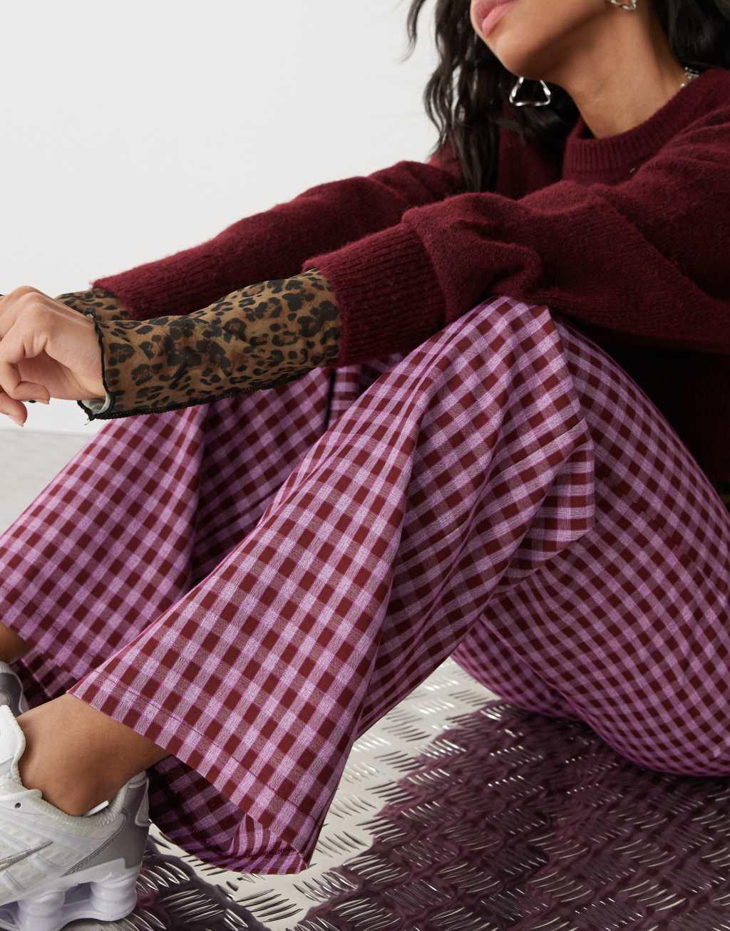 Reclaimed Vintage pull on relaxed pants in pink gingham Product Image