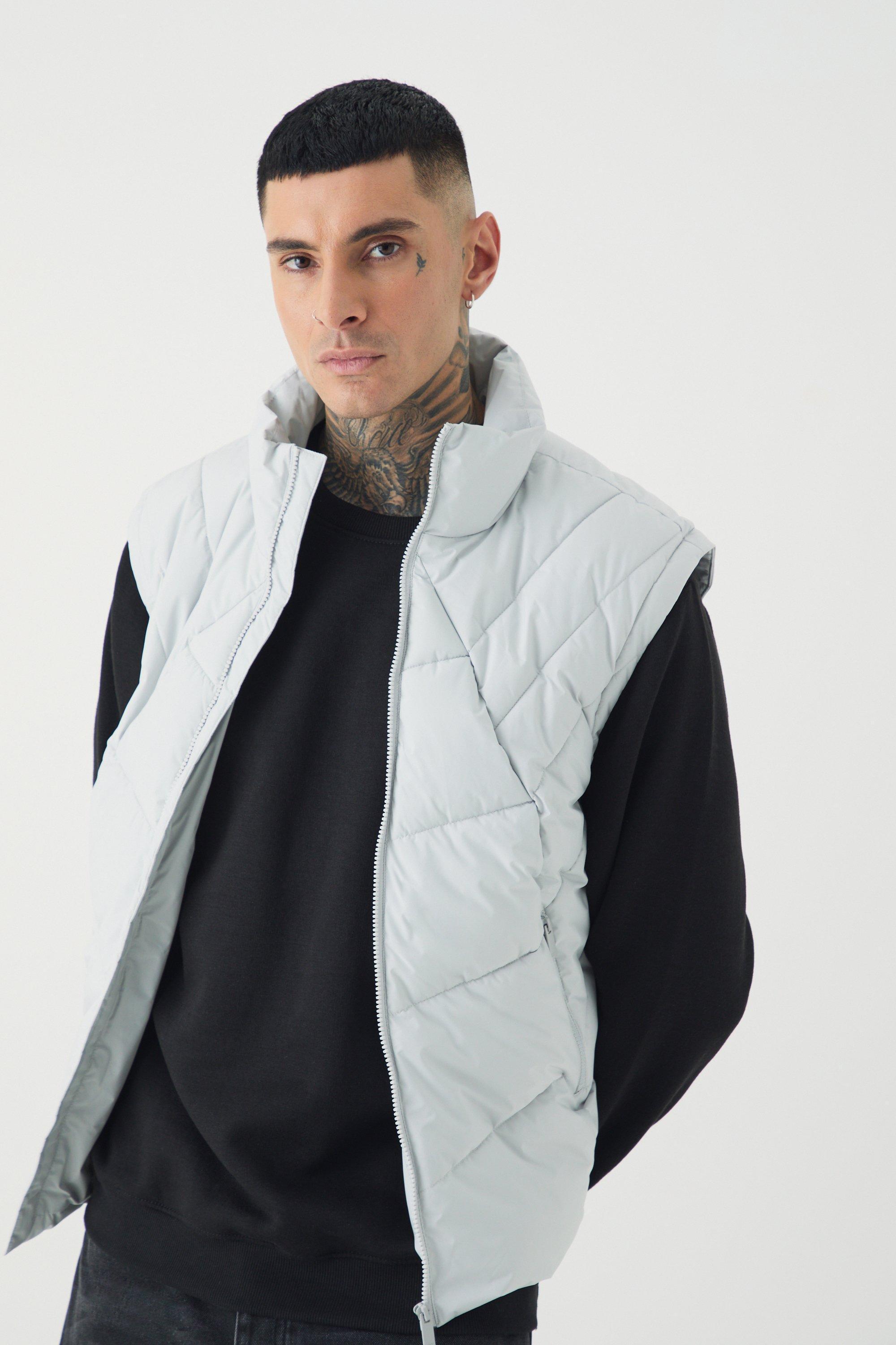 Tall Abstract Quilted Funnel Neck Vest In Light Grey | boohooMAN USA Product Image