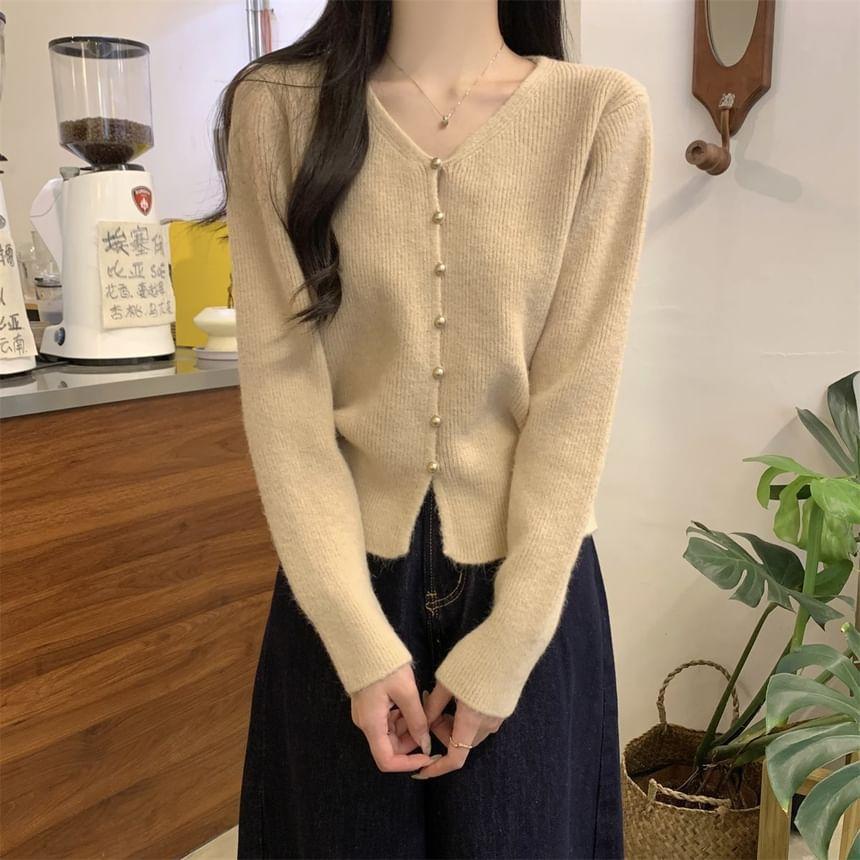 V-Neck Plain Button-Up Crop Cardigan Product Image