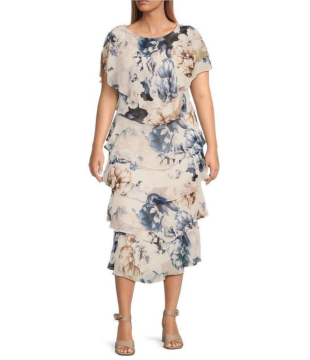 Ignite Evenings Plus Size Chiffon Embellished Shoulder Cap Sleeve Crew Neck Floral Tiered Midi Dress Product Image