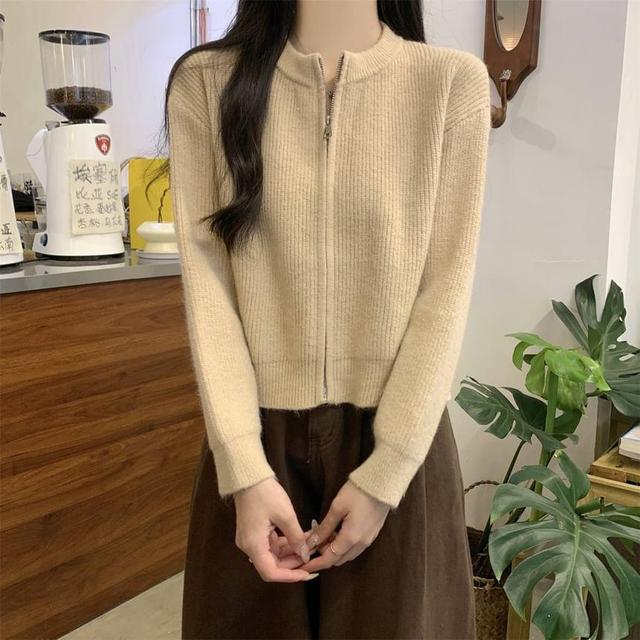 Crew Neck Plain Zip-Up Crop Cardigan Product Image