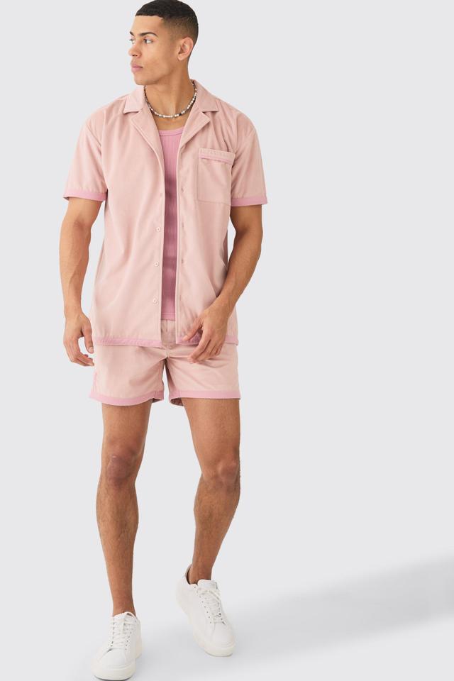 Mens Pink Faux Suede Oversized Shirt And Short Set, Pink Product Image