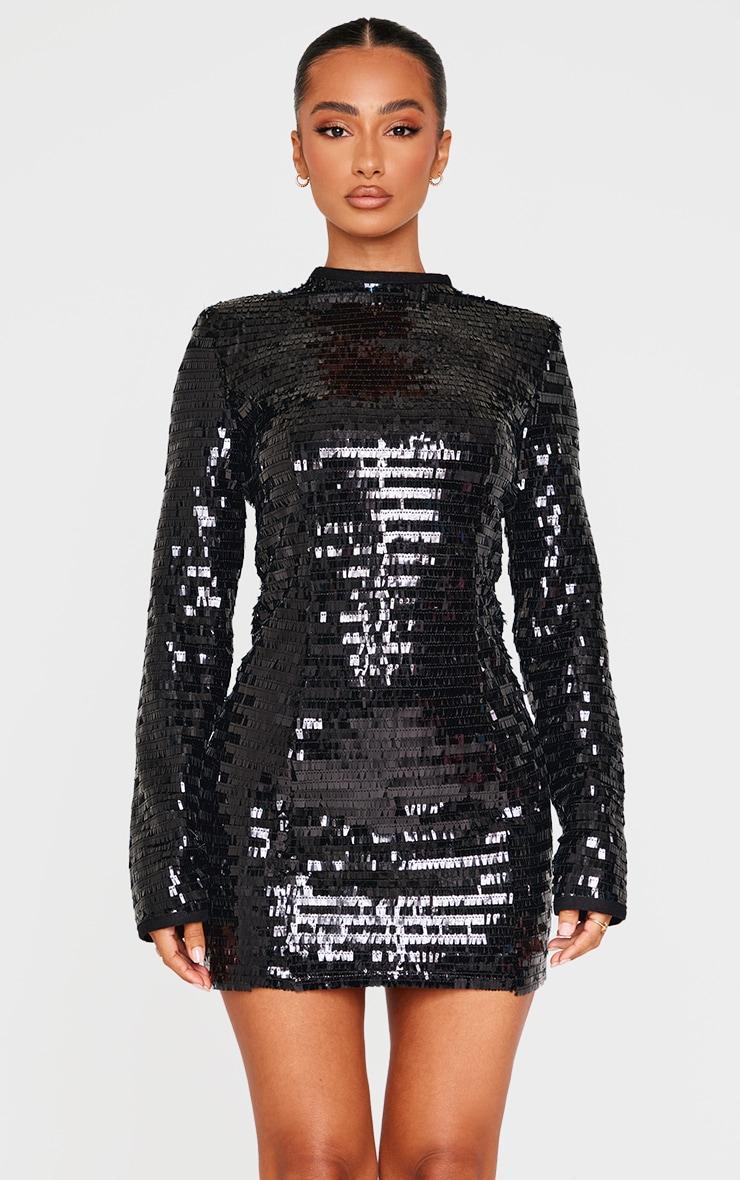 Petite Black Sequin Shoulder Pad Micro Mini Dress Product Image