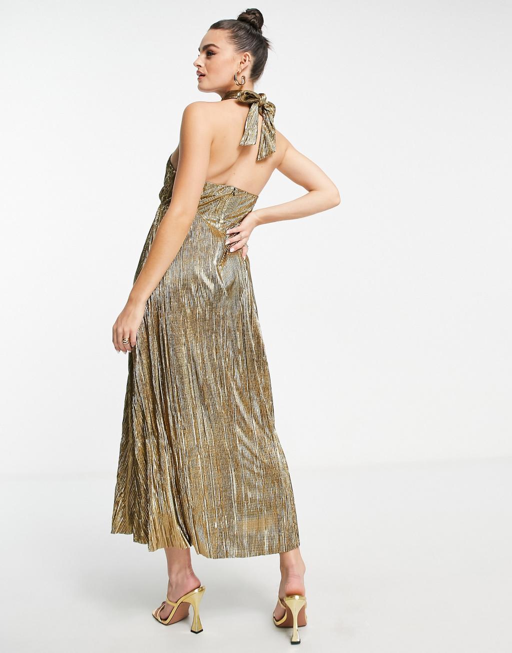 Topshop gold plisse cut out halter midi dress Product Image