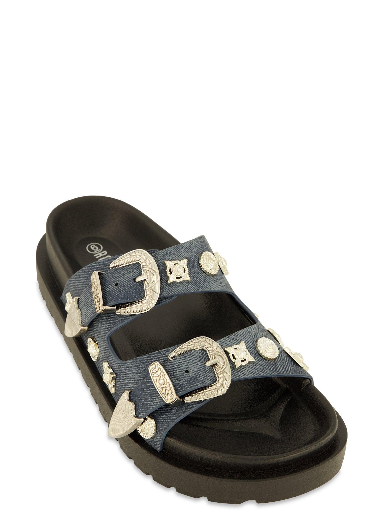 Womens Double Buckle Band Embellished Slide Sandals Product Image