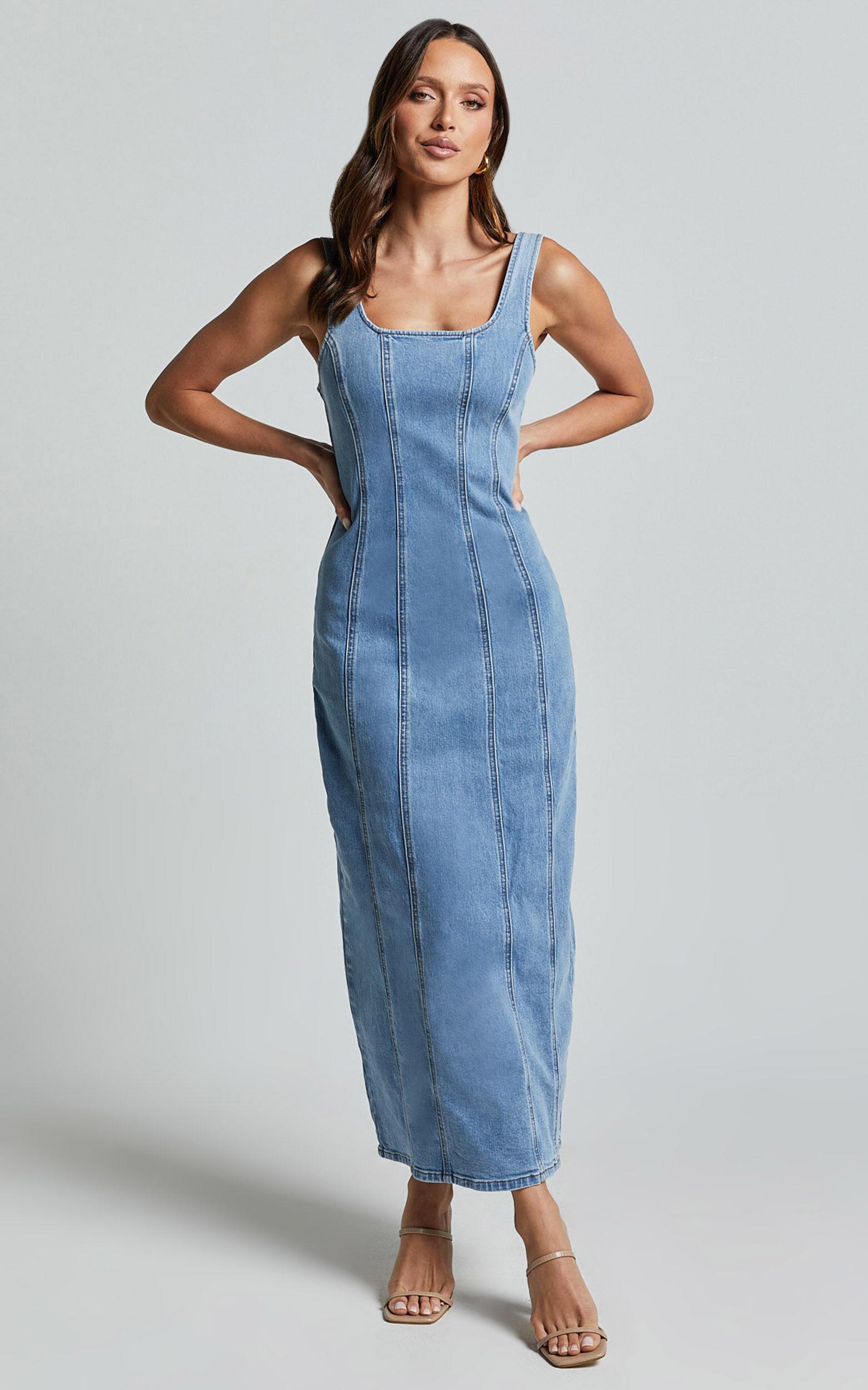 Zenith Midi Dress - Wide Strap Panel Detail Recycled Denim Dress in Mid Blue Wash Product Image