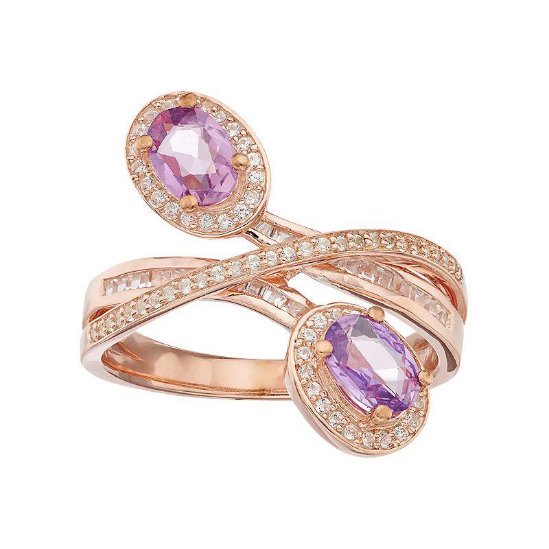 10k Rose Gold 1/3 Carat T.W. Diamond & Purple Sapphire Oval Halo Bypass Ring, Womens Multicolor Product Image