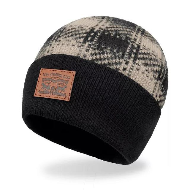 Mens Levis Leather Logo Patch Brushed Plaid Beanie Product Image