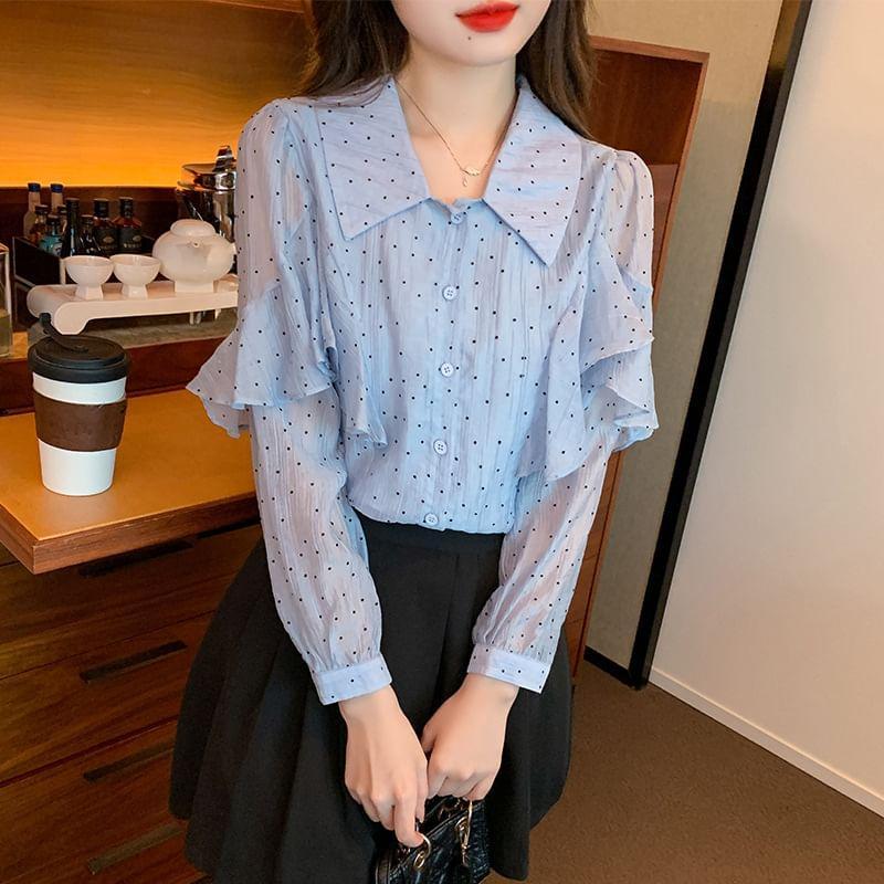 Long-Sleeve Collared Dotted Ruffle Trim Button-Up Blouse Product Image