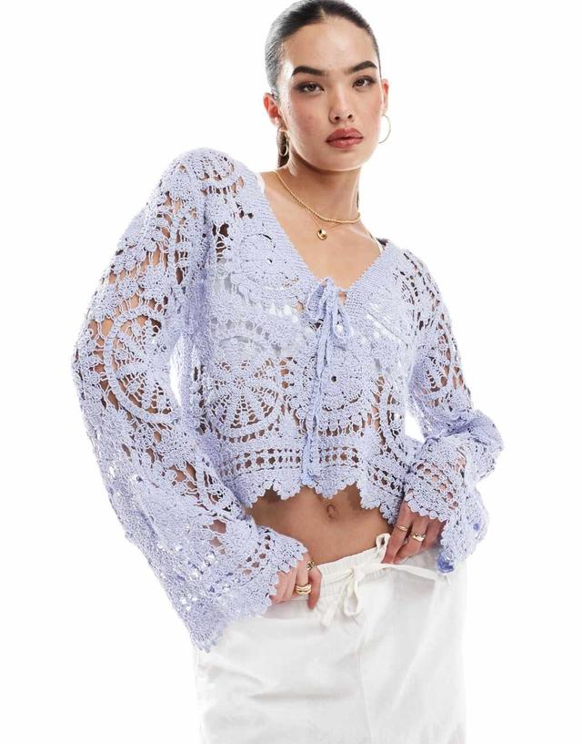 Object cropped bell sleeve crochet top in pale blue Product Image