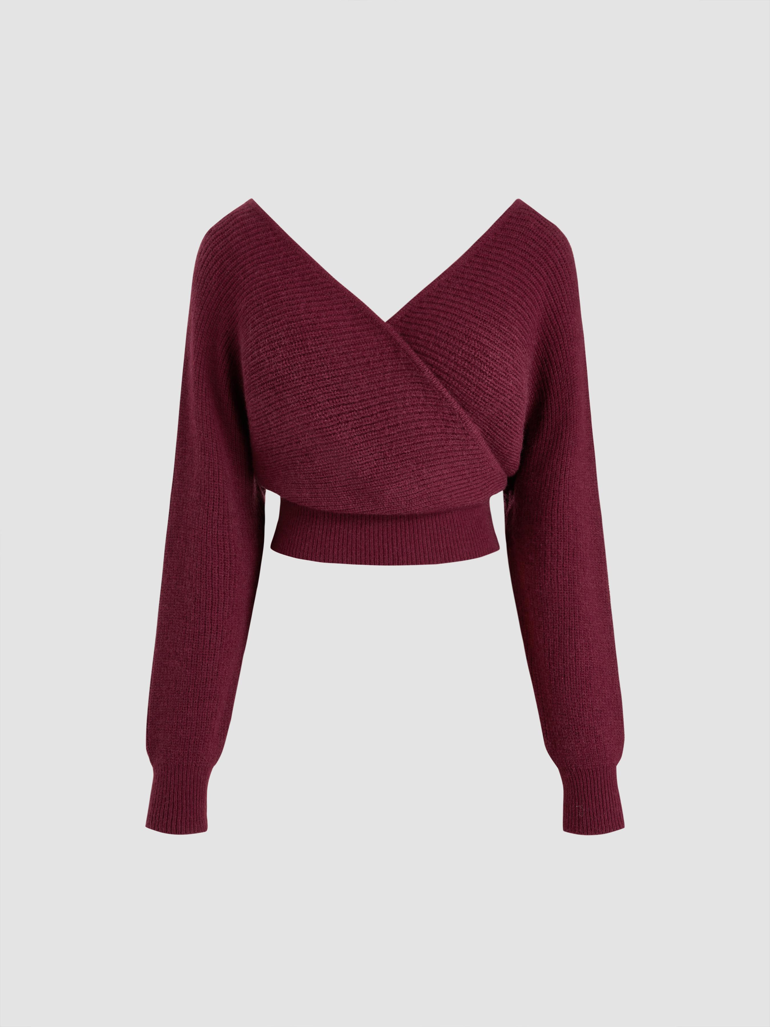 Knit V-neck Solid Wrap Crop Long Sleeve Top Product Image