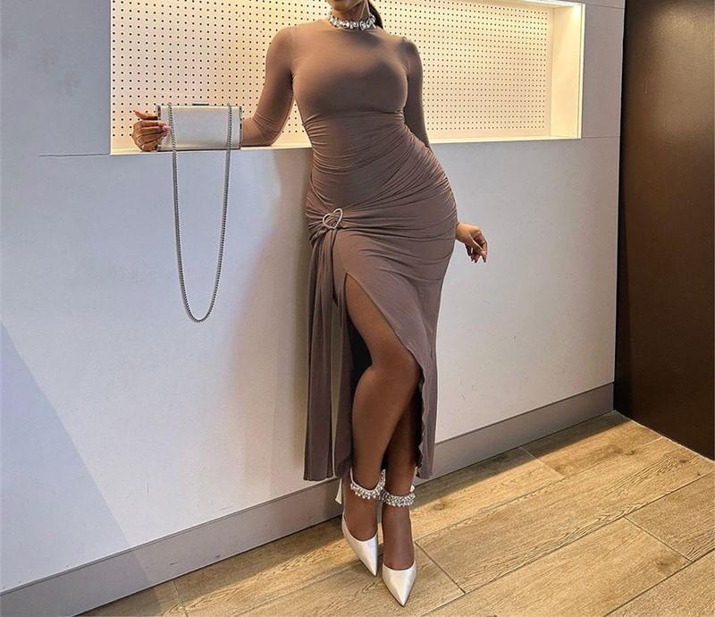 Long-Sleeve Crew Neck Ruched Slit Midi Bodycon Dress Product Image