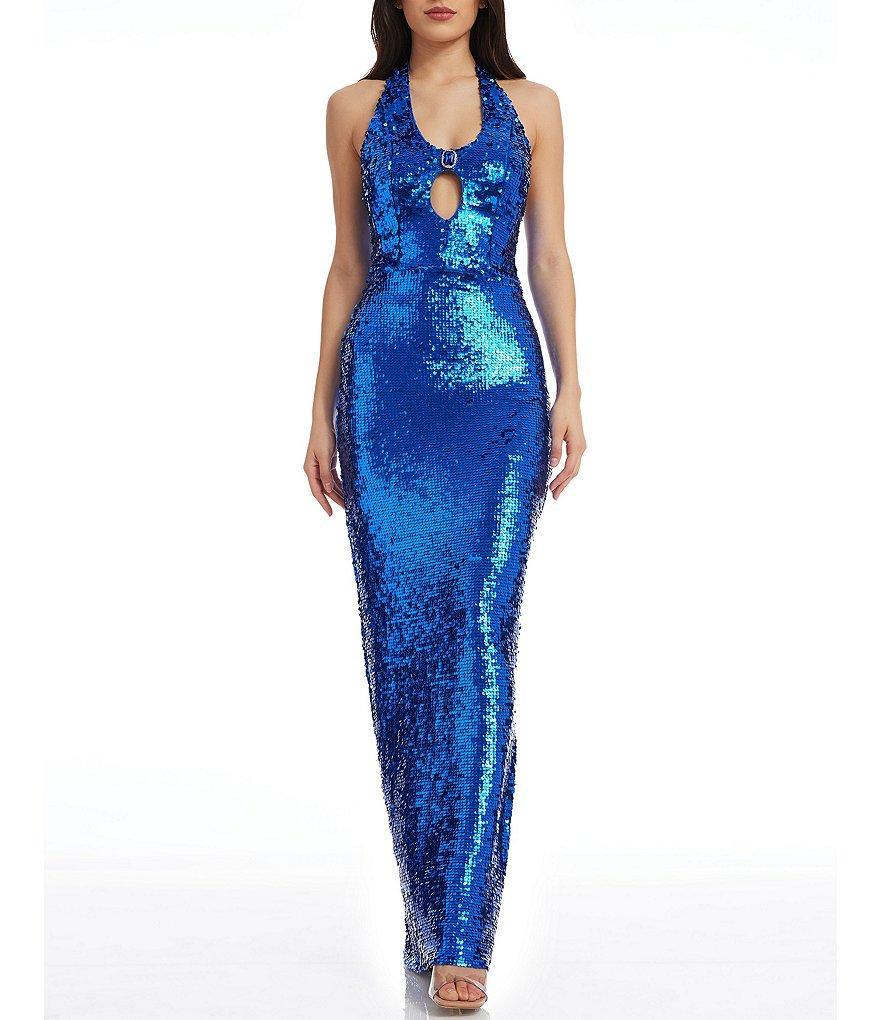 Dress the Population Priscilla Sequin Halter Neck Sleeveless Cutout Maxi Dress Product Image