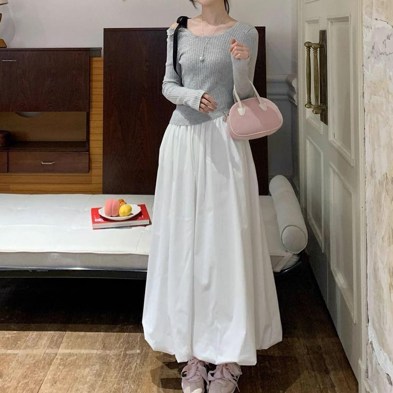 Long-Sleeve Cold Shoulder Plain Asymmetrical Slim Fit Knit Top / High Rise Maxi A-Line Skirt Product Image