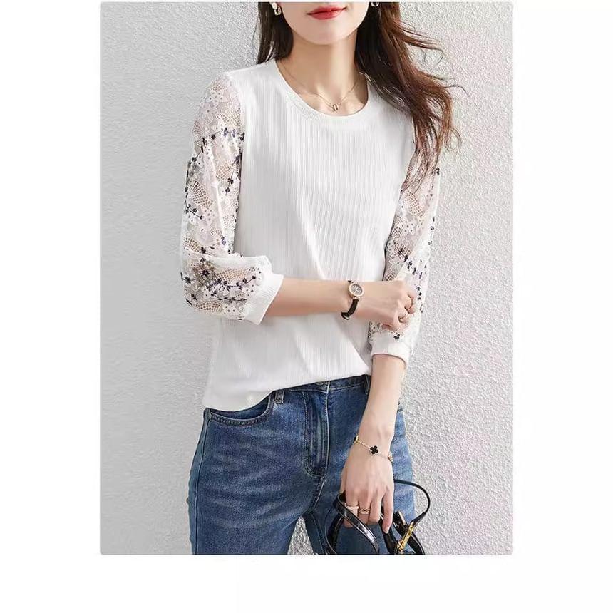 Long-Sleeve Crewneck Lace Top Product Image