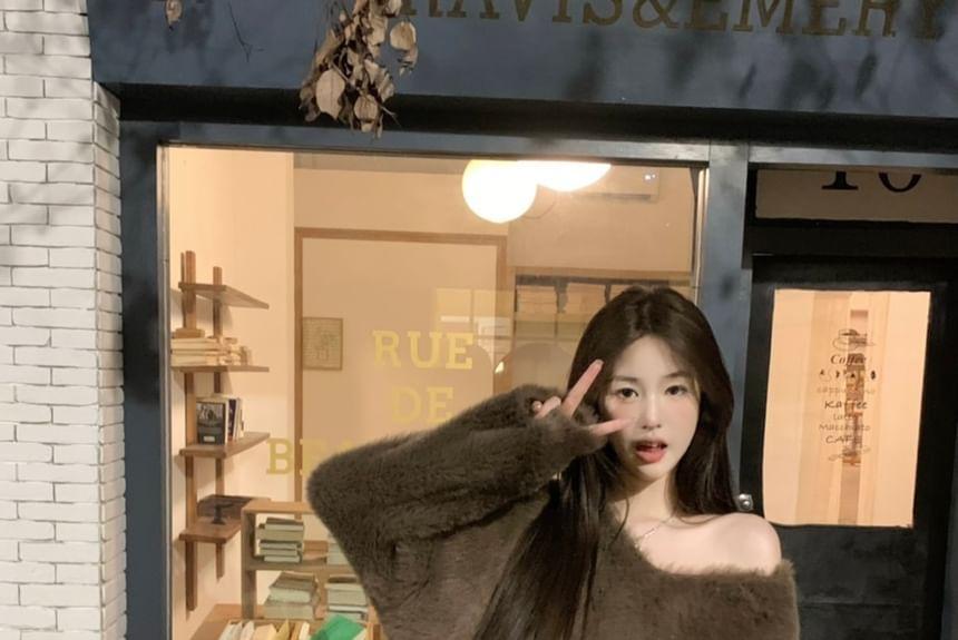 Oversized Faux-Fur V-Neck Sweater Product Image