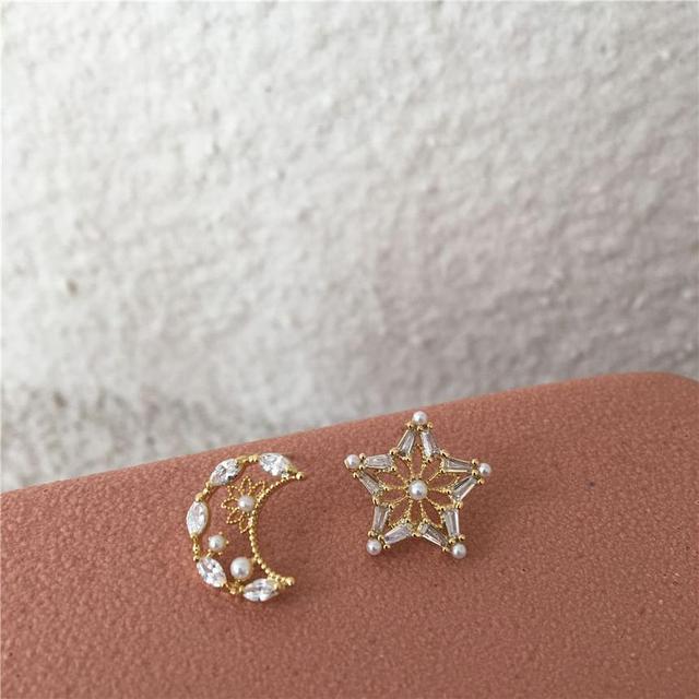 Moon & Star Gemstone Asymmetrical Earrings Product Image