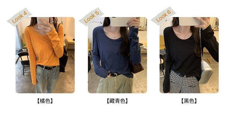 Long-Sleeve U-Neck Plain Tee Product Image