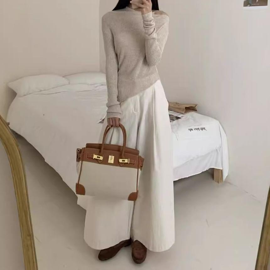 One-Shoulder Plain Ribbed Knit Top Product Image