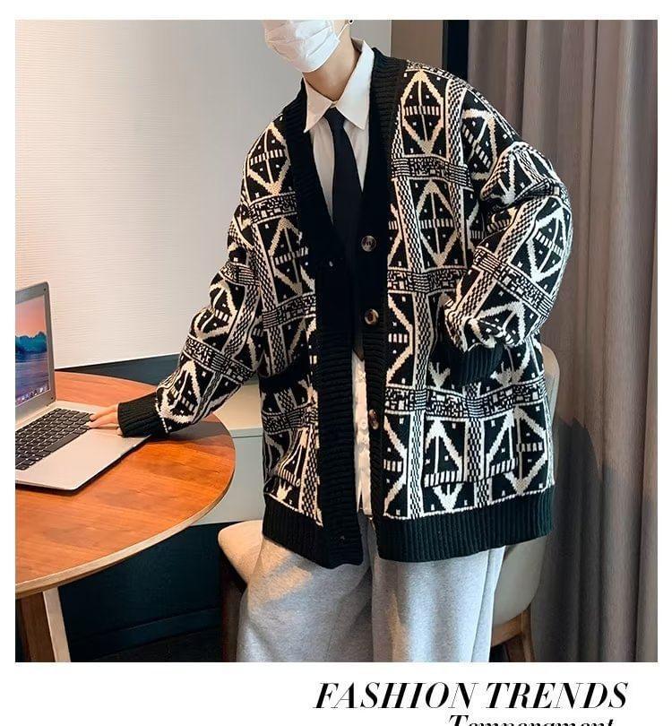 V-Neck Patterned Contrast Trim Button-Up Cardigan Product Image