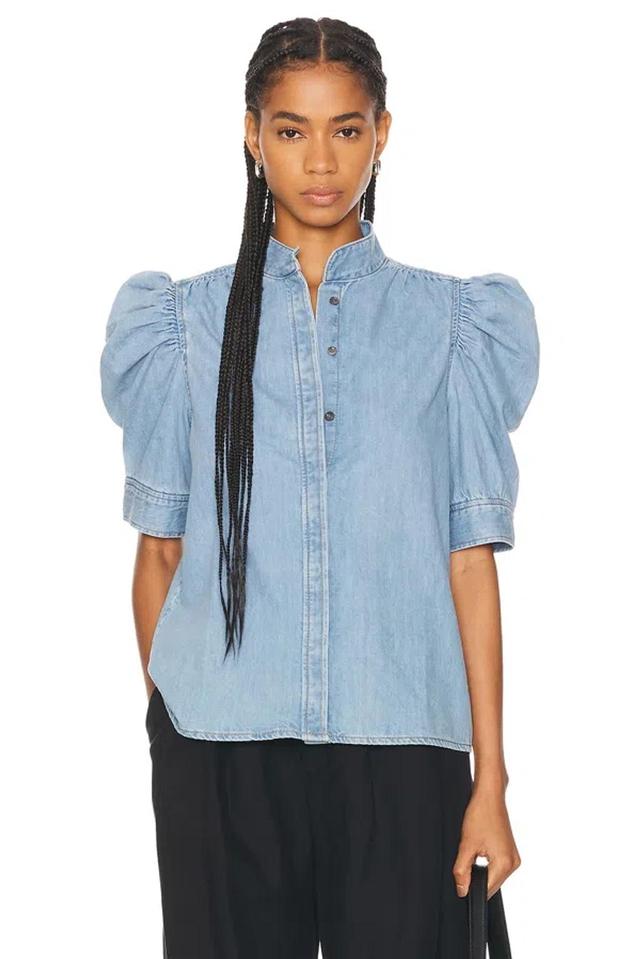 FRAME Gillian Denim Puff-sleeve Top In Blue Product Image