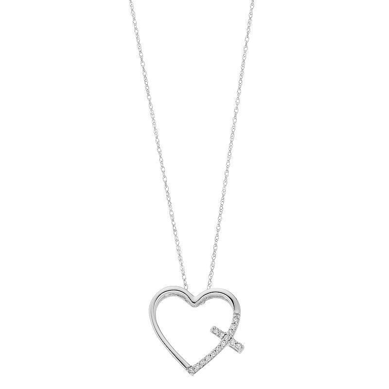 10k White Gold 1/10 Carat T.W. Diamond Cross Heart Pendant, Womens 10k Whgold Product Image