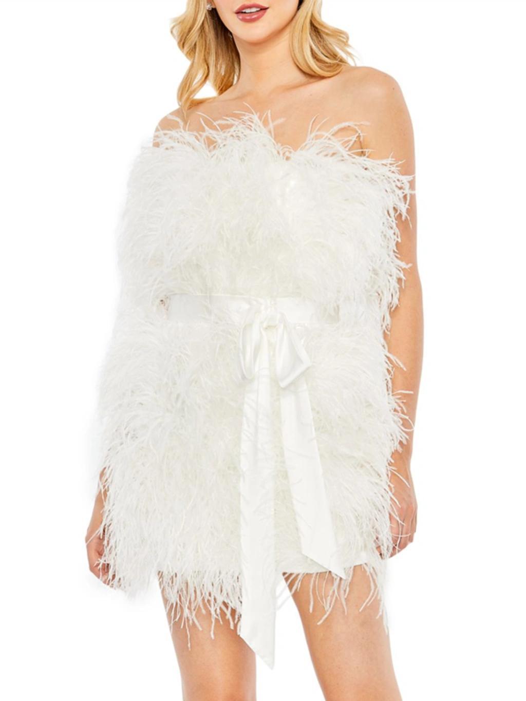 Women's Feather Strapless Mini Dress In White Product Image