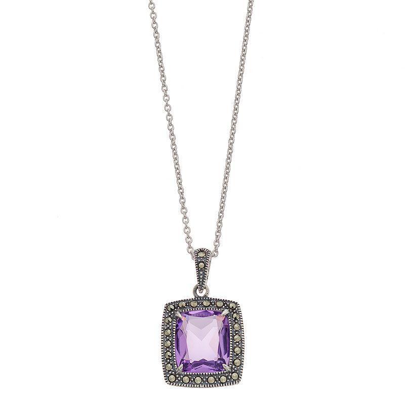 Lavish by TJM Sterling Silver Lab-Created Amethyst & Marcasite Cushion Pendant Necklace, Womens Product Image