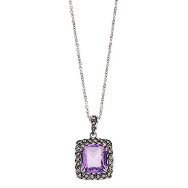 Lavish by TJM Sterling Silver Lab-Created Amethyst & Marcasite Cushion Pendant Necklace, Womens Product Image