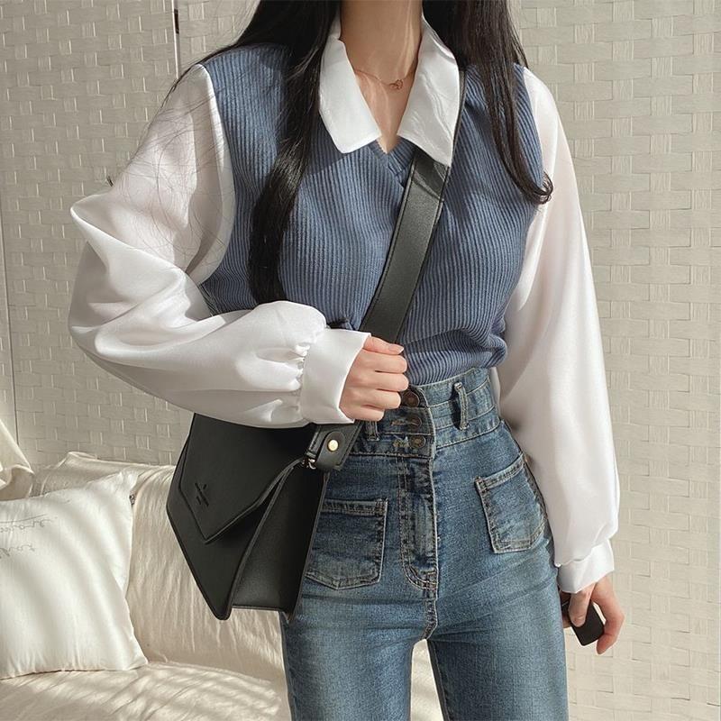 Mock Two-Piece Long-Sleeve Two Tone Panel Blouse Product Image