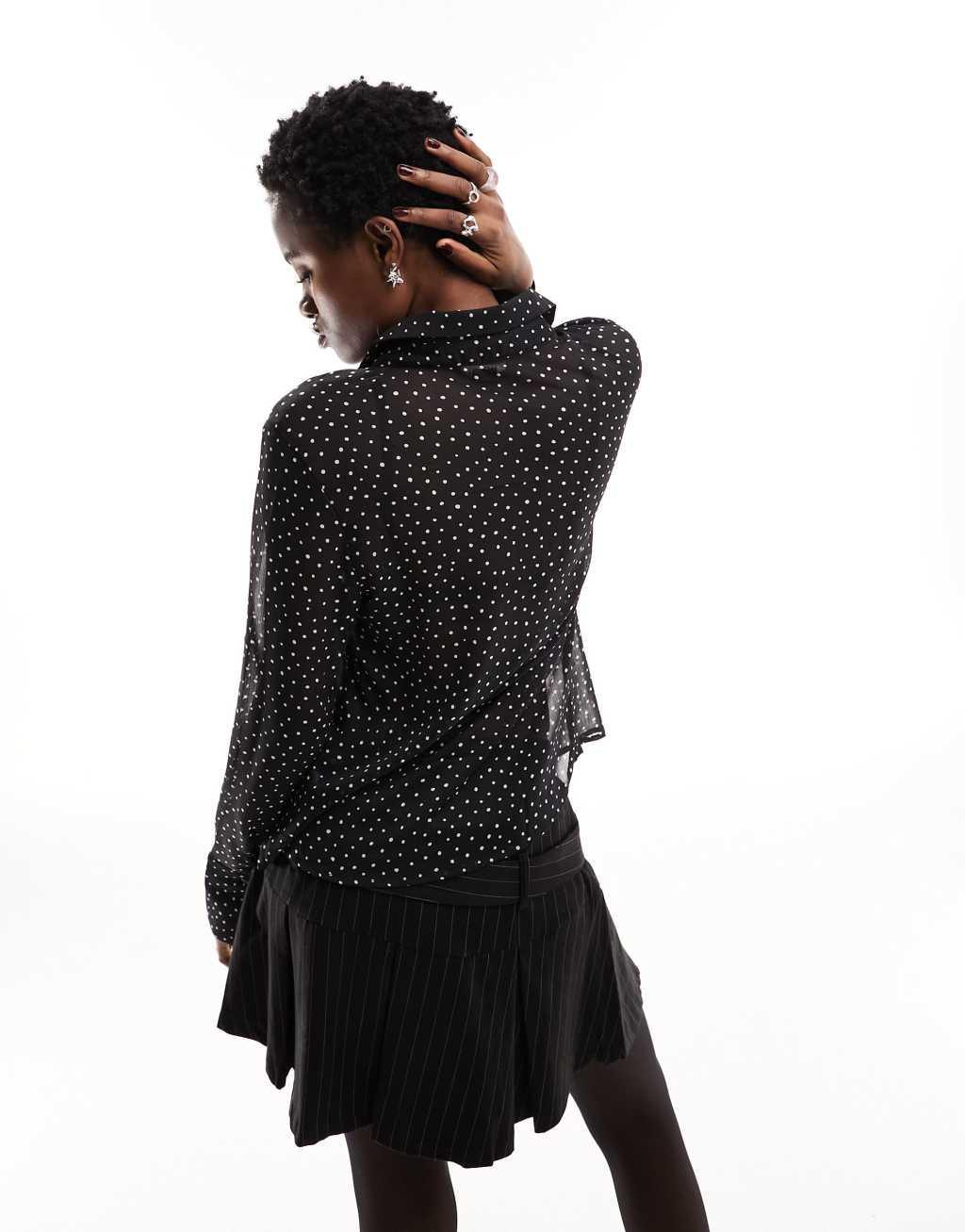 Monki long sleeve shirt in black mono dot print Product Image