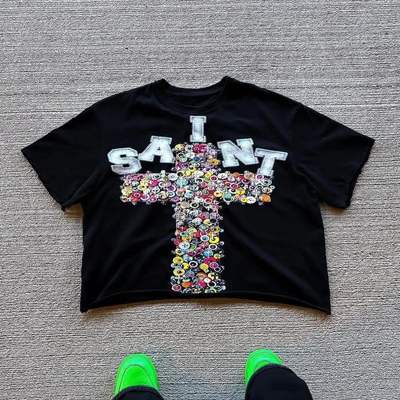 Vintage Saint Cross Art Graphic Cotton T-Shirt Product Image