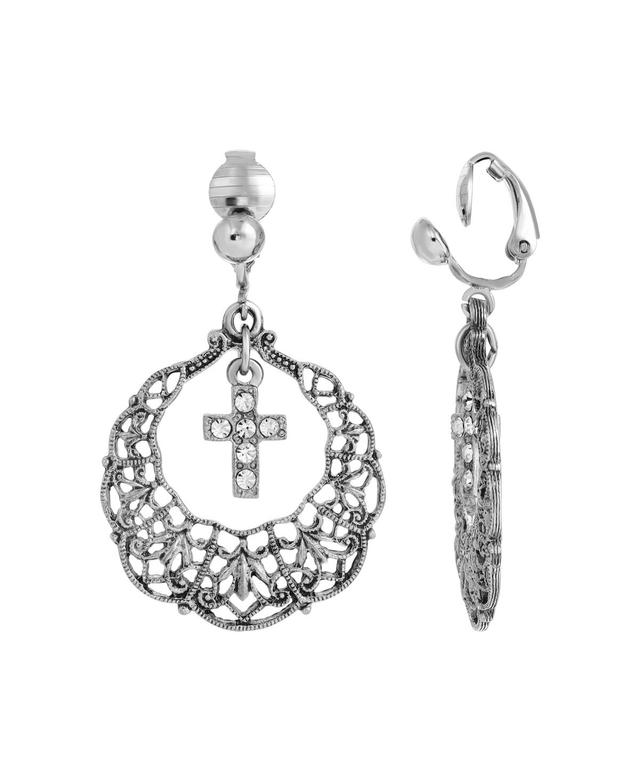 Symbols of Faith Crystal Cross Clip Earrings, Womens, Silver Product Image